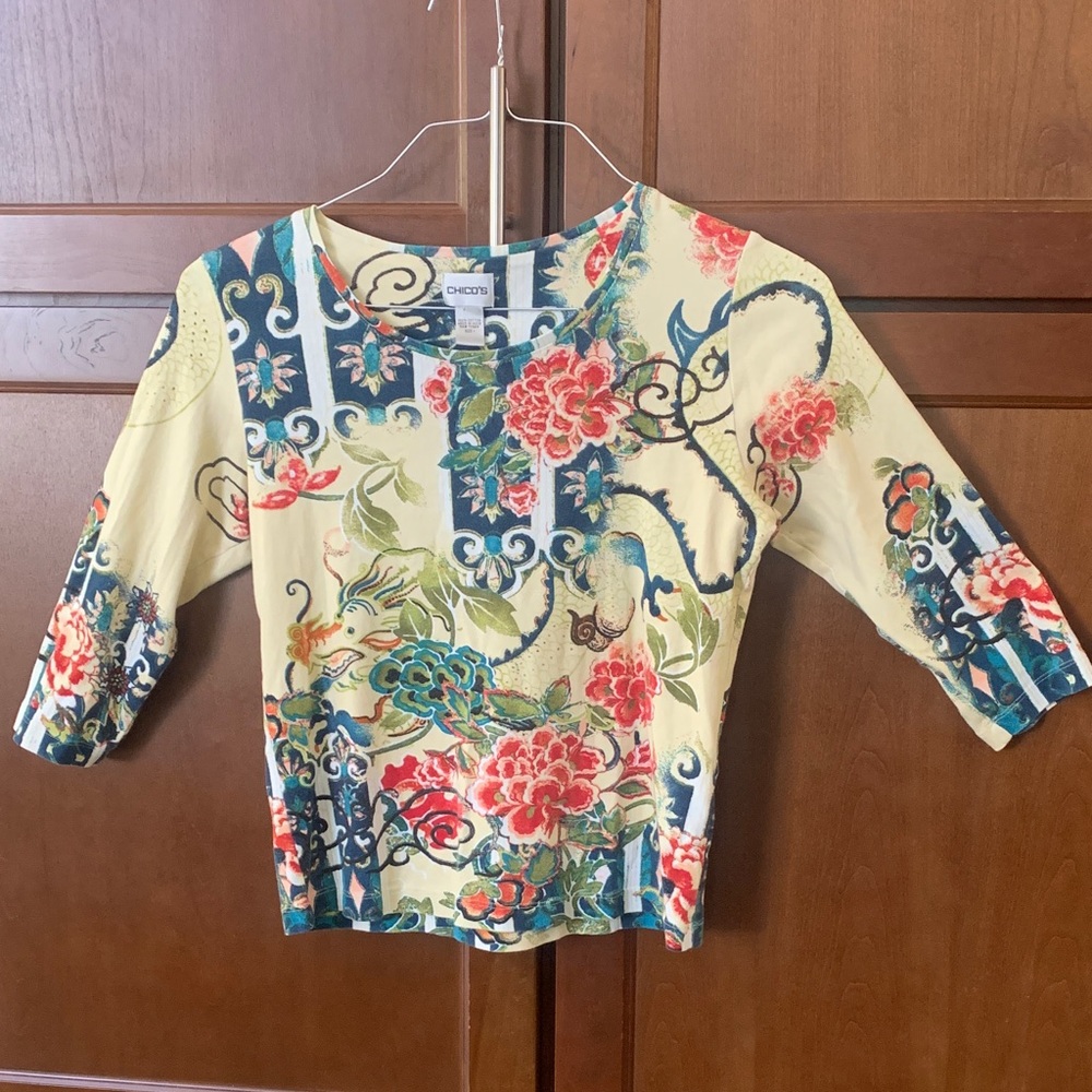 Chico's Cotton 3/4 Sleeve Floral Women’s Top Shirt Size 1 Small-Medium